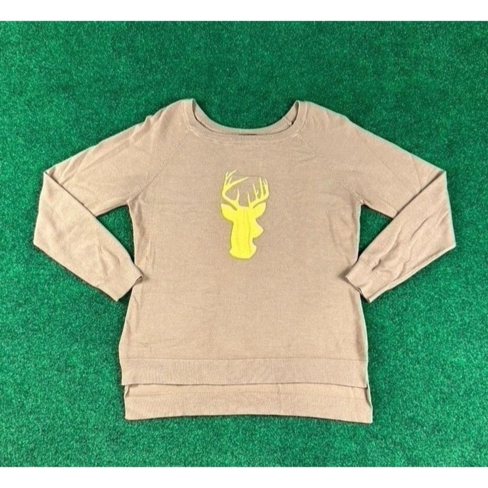 Rue 21 Brown‎ Long Sleeve Yellow Deer Stitched Pullover Sweater Womens Size XL